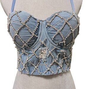 No.1 Los Angeles Rhinestones Crop Top L Denim Bustier Bralette Spaghetti Straps